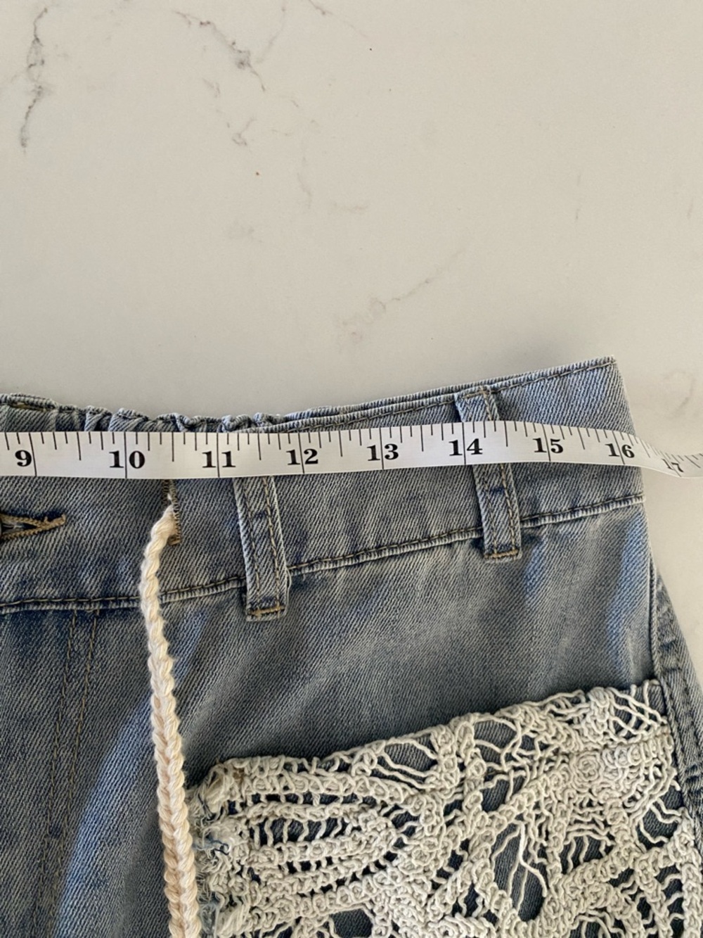POL Light Wash Crochet Patchwork Distressed Joggers/Jeans, Like New - Picture 5 of 7